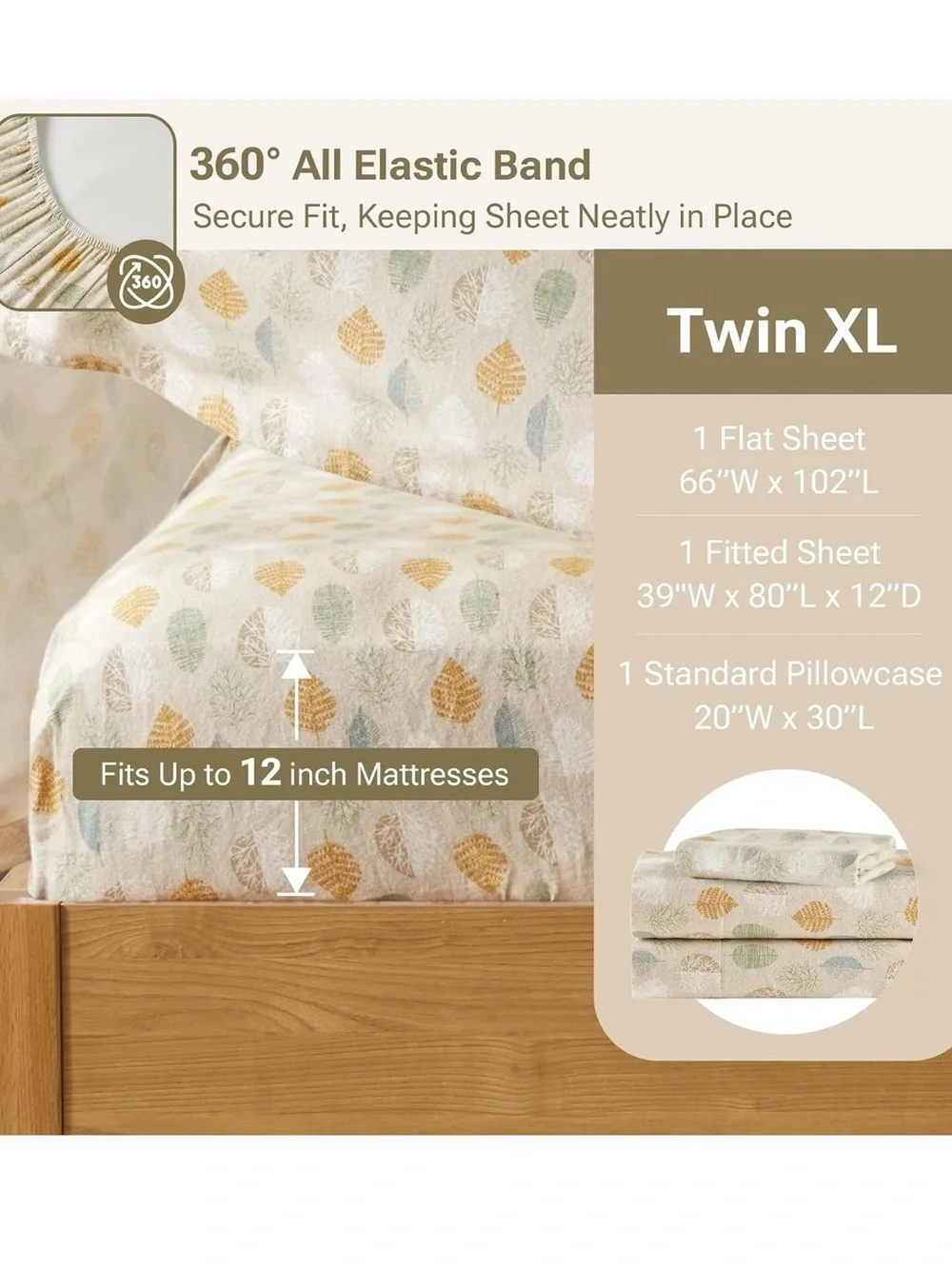 Cozy Leaf Print Cotton Flannel Sheet Set twin XL